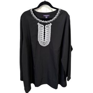 Roaman's Size 28W Black Blouse with white embroidery